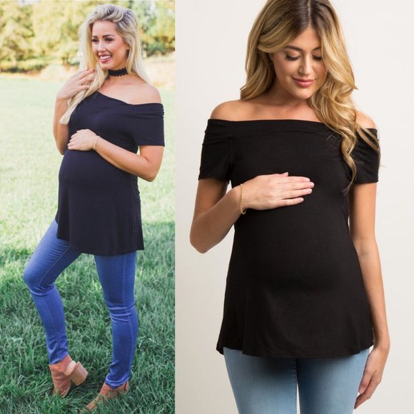 Pinkblush Tops - Pinkblush Maternity Black Off the Shoulder Jersey Tunic Top Womens Small
